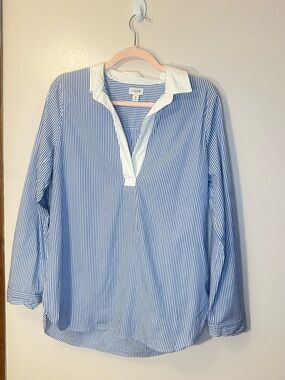 J.Crew Blue White Striped Blouse Size M Collared Popover Top
